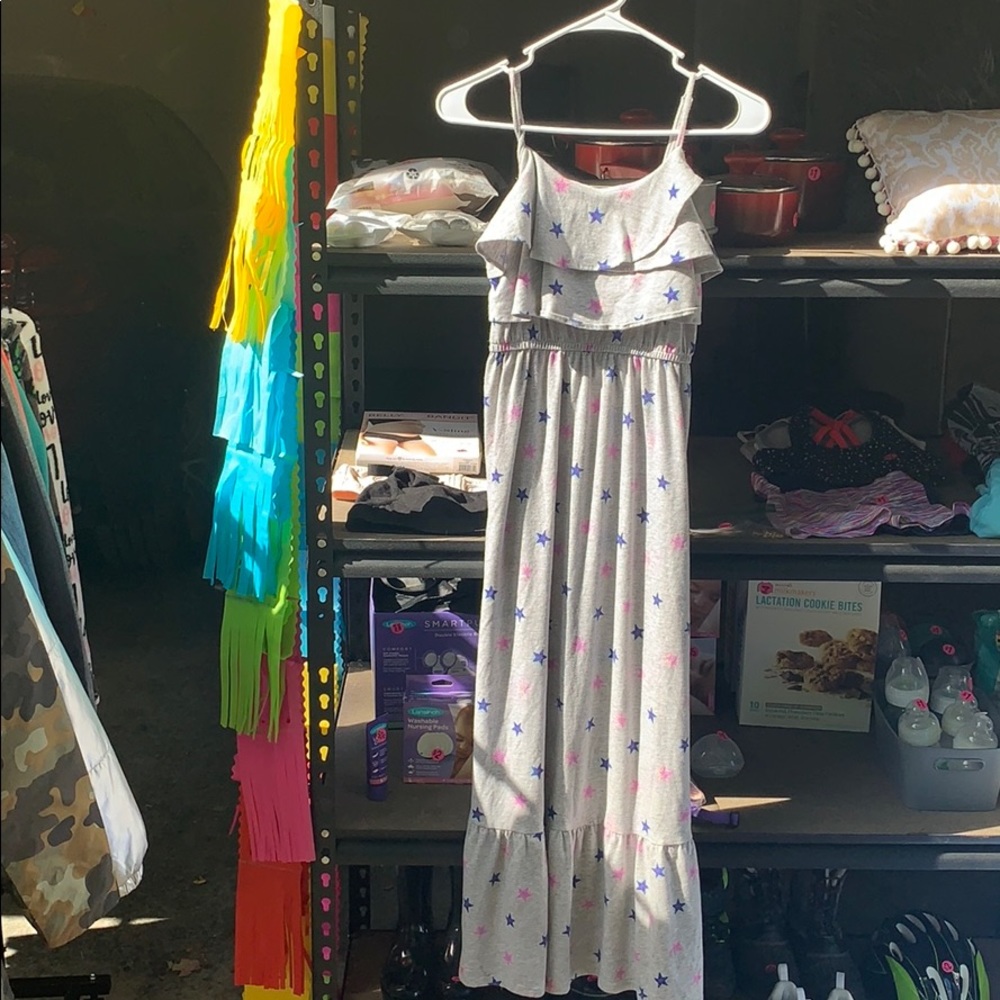 Sleeveless pink, blue and gray maxi dress